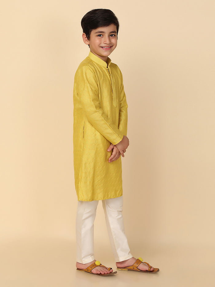 Boy's Yellow Solid Textured Kurta Churidar Set