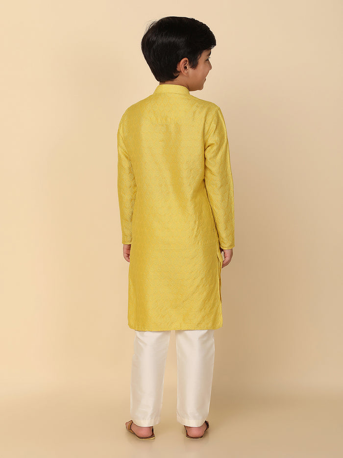 Boy's Yellow Solid Textured Kurta Churidar Set