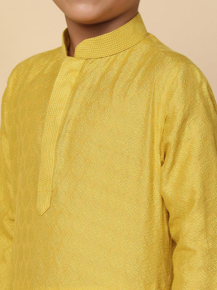 Boy's Yellow Solid Textured Kurta Churidar Set