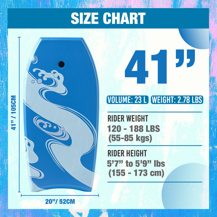 Size chart for a 41-inch bodyboard with dimensions and weight guidelines.
