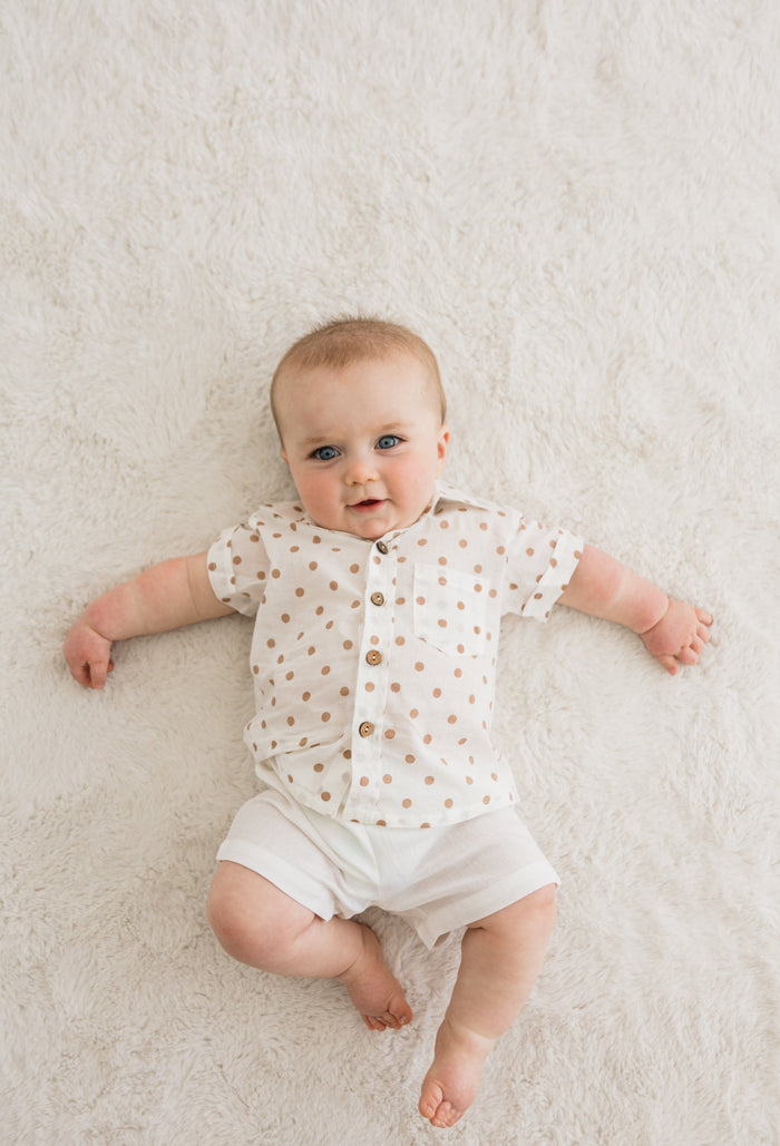 Brown Polka Dot Print Boys Shirt & White Shorts set Shirt-Shorts Yo Baby India