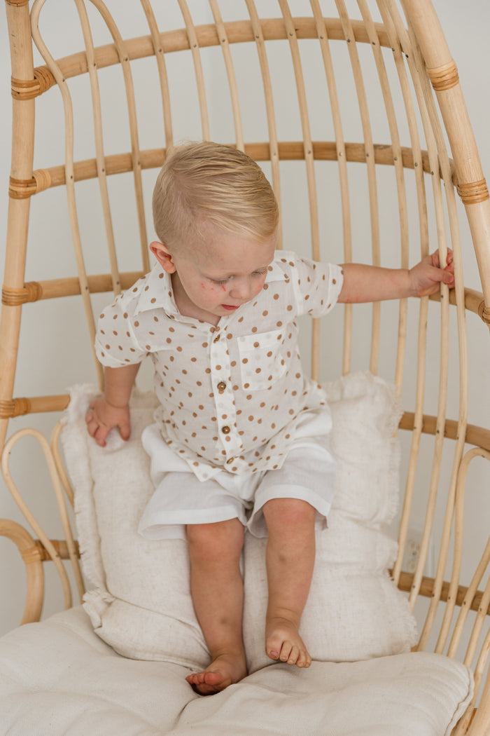 Brown Polka Dot Print Boys Shirt & White Shorts set Shirt-Shorts Yo Baby India