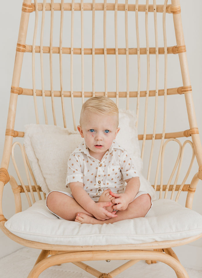 Brown Polka Dot Print Boys Shirt & White Shorts set Shirt-Shorts Yo Baby India
