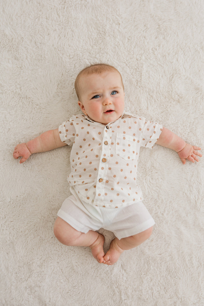 Brown Polka Dot Print Boys Shirt & White Shorts set Shirt-Shorts Yo Baby India