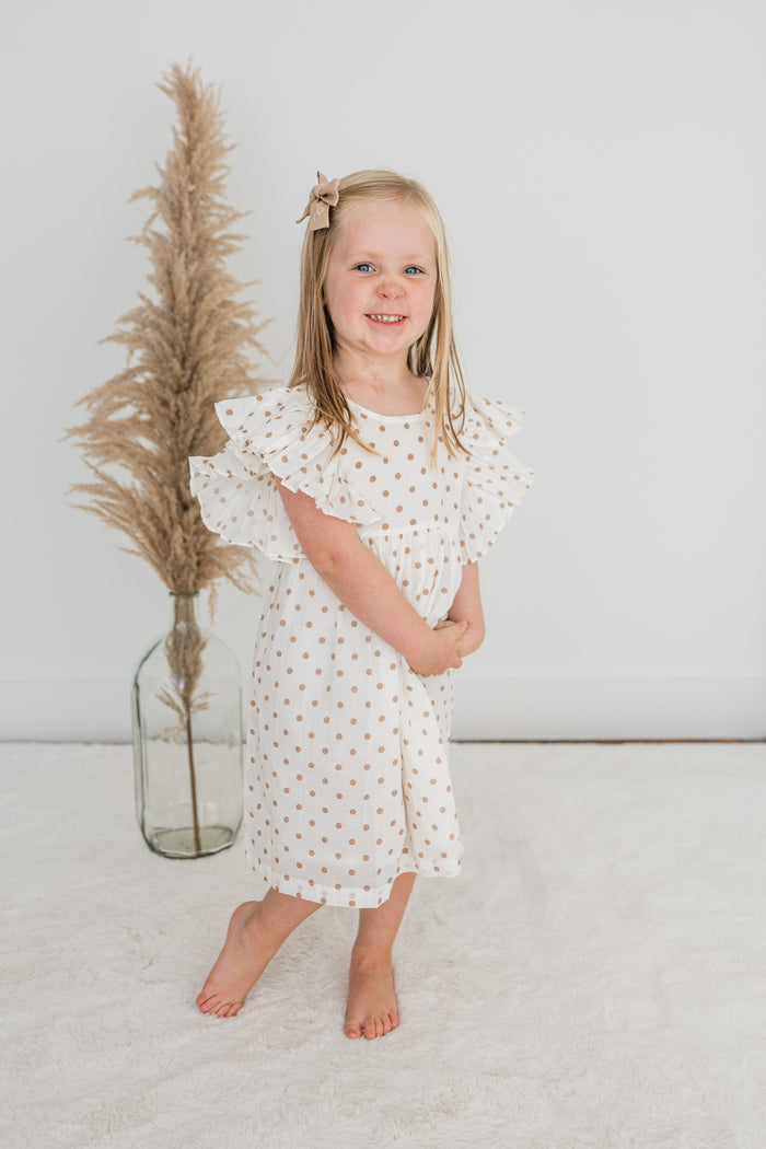 Brown Polka Dot Print Sleeve Ruffle Gathered Dress Dress Yo Baby India