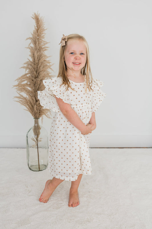 Brown Polka Dot Print Sleeve Ruffle Gathered Dress Dress Yo Baby India