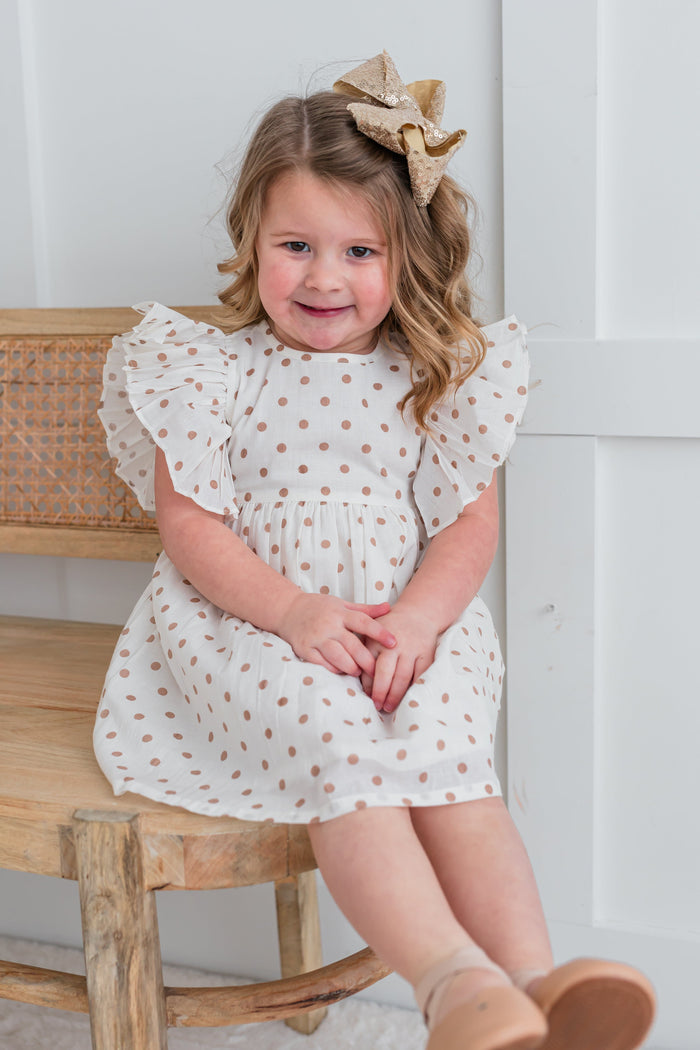 Brown Polka Dot Print Sleeve Ruffle Gathered Dress Dress Yo Baby India