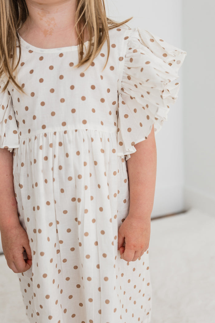 Brown Polka Dot Print Sleeve Ruffle Gathered Dress Dress Yo Baby India