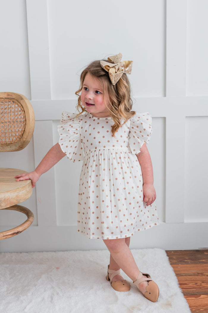Brown Polka Dot Print Sleeve Ruffle Gathered Dress Dress Yo Baby India