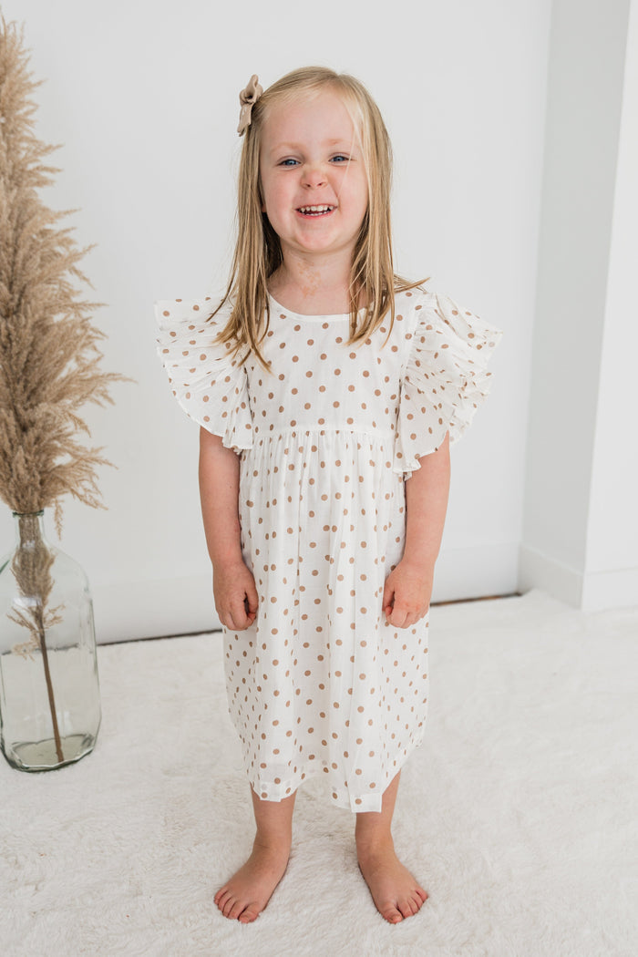 Brown Polka Dot Print Sleeve Ruffle Gathered Dress Dress Yo Baby India
