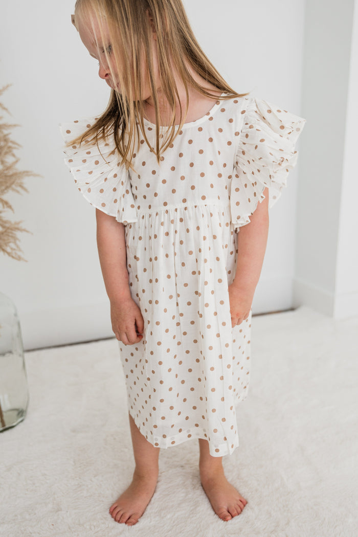 Brown Polka Dot Print Sleeve Ruffle Gathered Dress Dress Yo Baby India