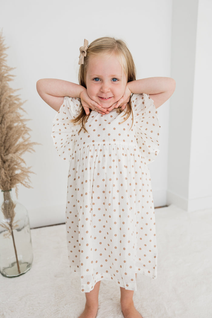 Brown Polka Dot Print Sleeve Ruffle Gathered Dress Dress Yo Baby India