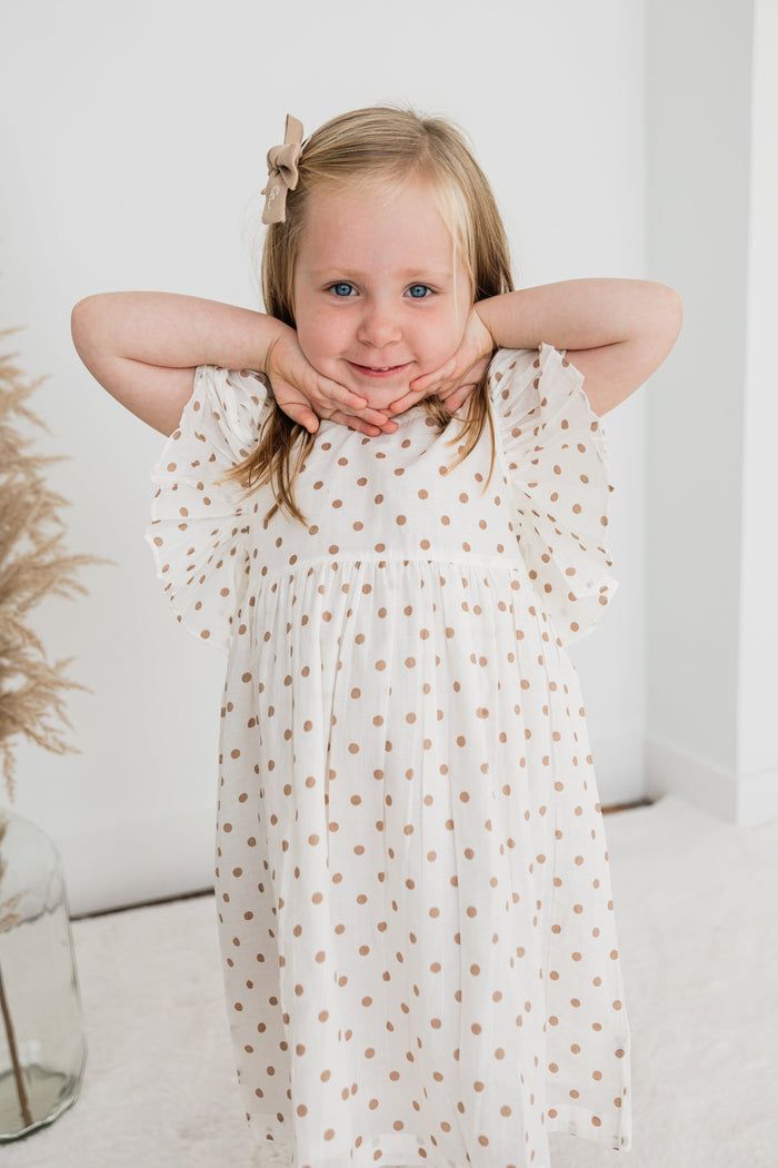 Brown Polka Dot Print Sleeve Ruffle Gathered Dress Dress Yo Baby India