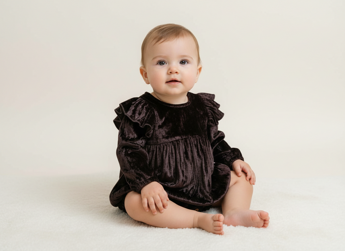 Brown Viscose Velvet Full Sleeves Ruffle Romper – Soft Velvet Baby Romper