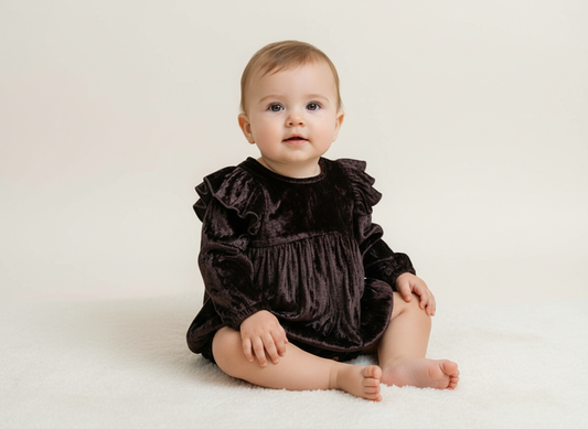 Brown Viscose Velvet Full Sleeves Ruffle Romper – Soft Velvet Baby Romper