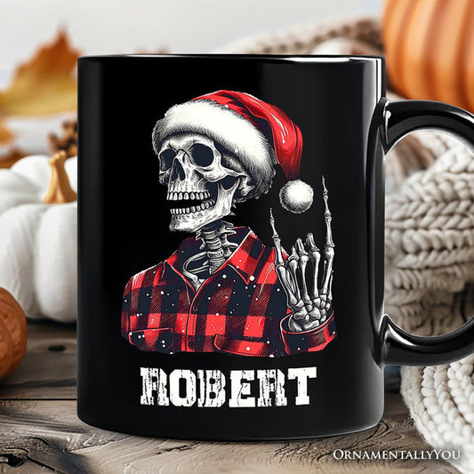 Buffalo Plaid Christmas Skeleton Personalized Mug, Brutal Guys Gift with Custom Name Personalized Ceramic Mug OrnamentallyYou Black Customized