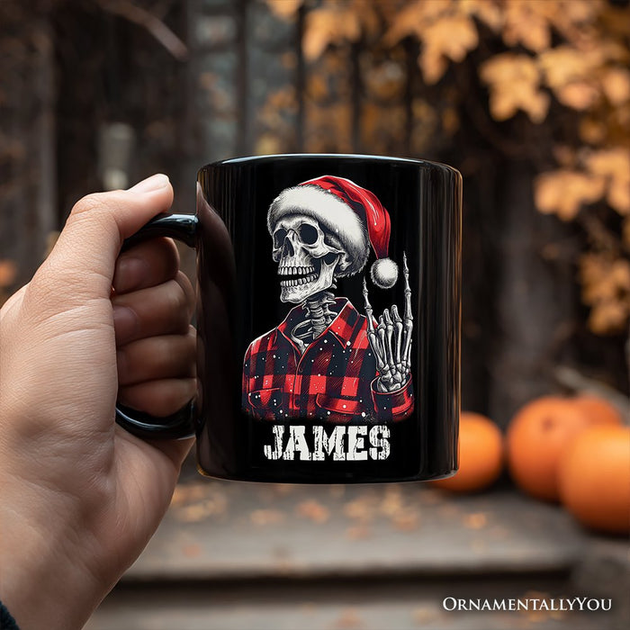 Buffalo Plaid Christmas Skeleton Personalized Mug, Brutal Guys Gift with Custom Name Personalized Ceramic Mug OrnamentallyYou