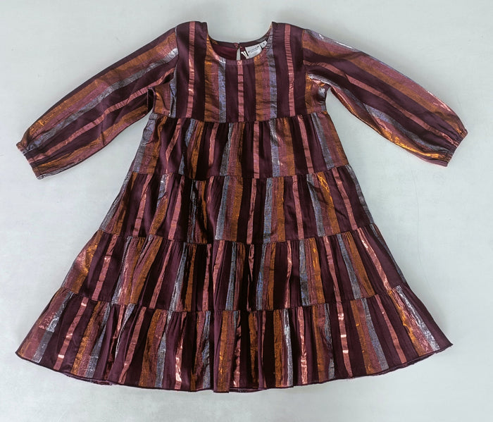 Burgundy Solid Color Multi Lurex Tiered Long Sleeve Dress dress & diaper cover, DRESS Yo Baby India