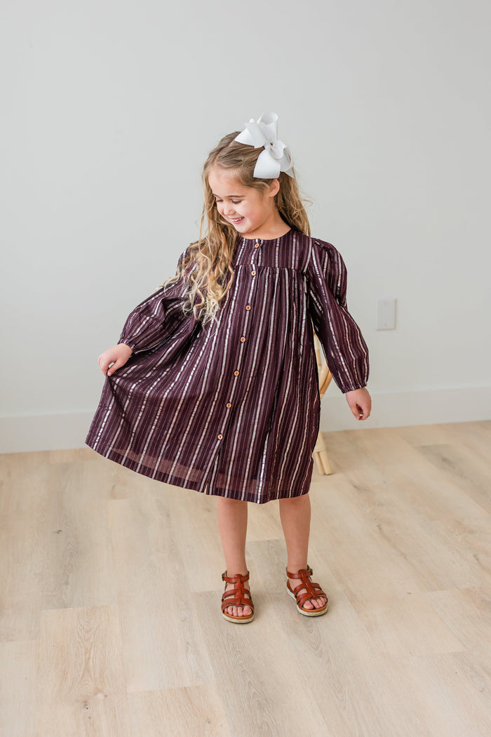Burgundy Solid Color Silver Lurex Gathered Long Sleeve Dress dress & diaper cover Yo Baby India
