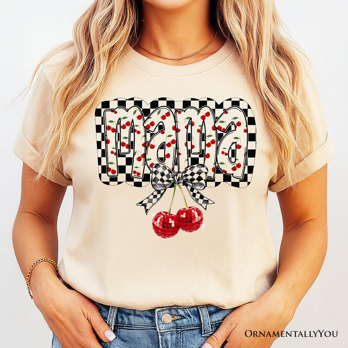 Checkered Cherry Disco Mama T-Shirt, White and Natural Coquette Bow Tee for Trendy Mothers T-Shirts OrnamentallyYou