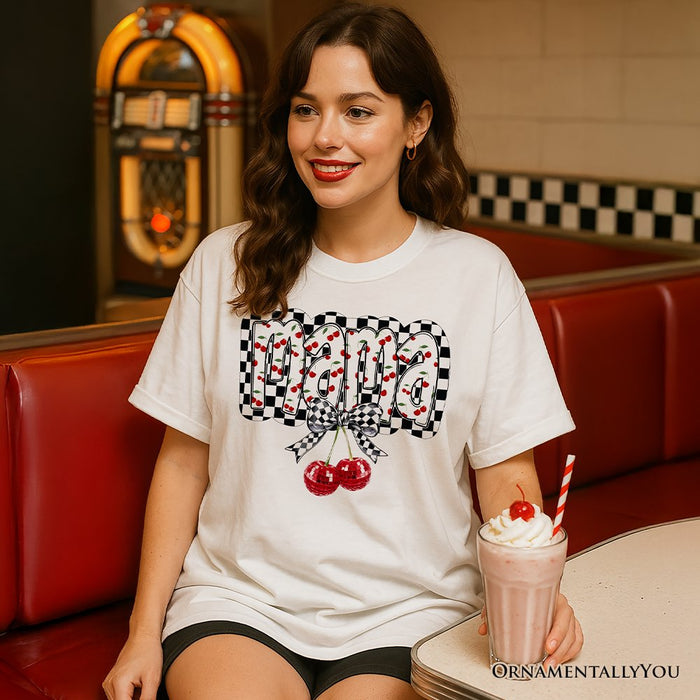 Checkered Cherry Disco Mama T-Shirt, White and Natural Coquette Bow Tee for Trendy Mothers T-Shirts OrnamentallyYou