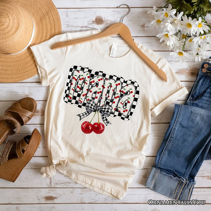 Checkered Cherry Disco Mama T-Shirt, White and Natural Coquette Bow Tee for Trendy Mothers T-Shirts OrnamentallyYou Natural XS