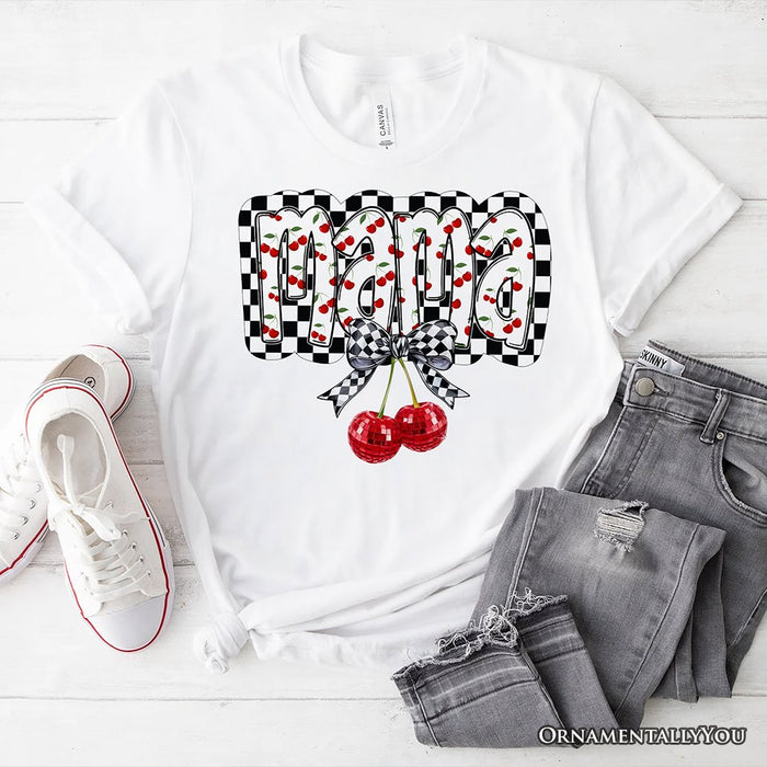 Checkered Cherry Disco Mama T-Shirt, White and Natural Coquette Bow Tee for Trendy Mothers T-Shirts OrnamentallyYou White XS