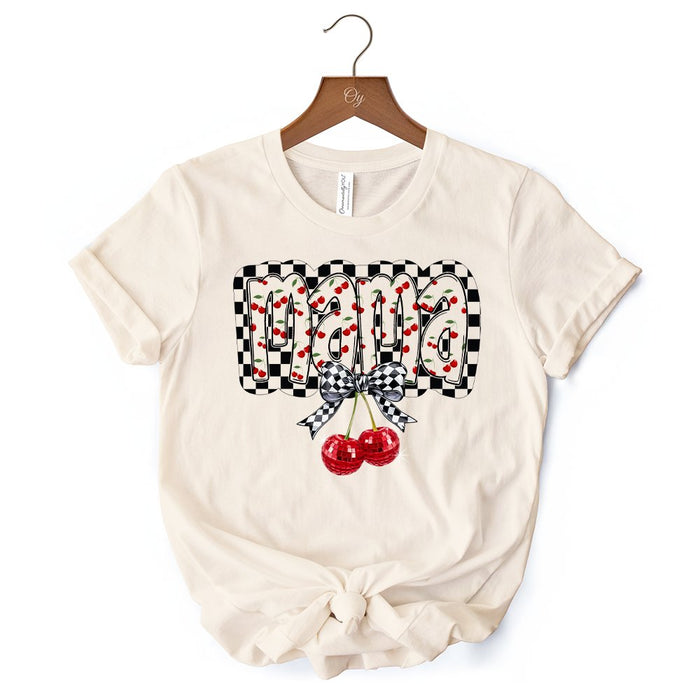 Checkered Cherry Disco Mama T-Shirt, White and Natural Coquette Bow Tee for Trendy Mothers T-Shirts OrnamentallyYou