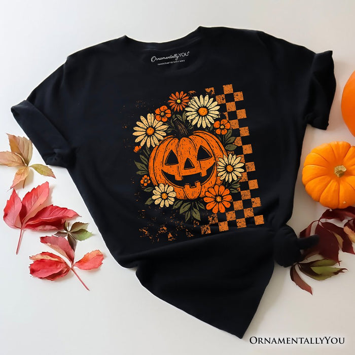 Checkered Floral Pumpkin T-Shirt, Retro Preppy Halloween Tee for Spooky Season Vibes T-Shirts OrnamentallyYou Black XS