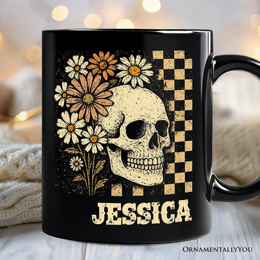 Checkered Floral Skeleton Personalized Mug, Vintage Skull Daisy Halloween Gift with Custom Name Personalized Ceramic Mug OrnamentallyYou Black Customized