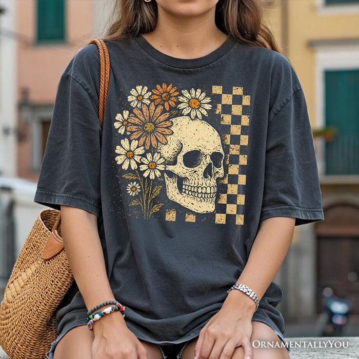 Checkered Floral Skeleton T-Shirt, Vintage Skull Daisy Halloween Tee T-Shirts OrnamentallyYou