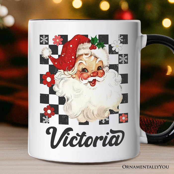 Checkered Santa Claus Vintage Personalized Mug, Retro Merry Christmas Gift with Custom Name Personalized Ceramic Mug OrnamentallyYou White - Black Customized