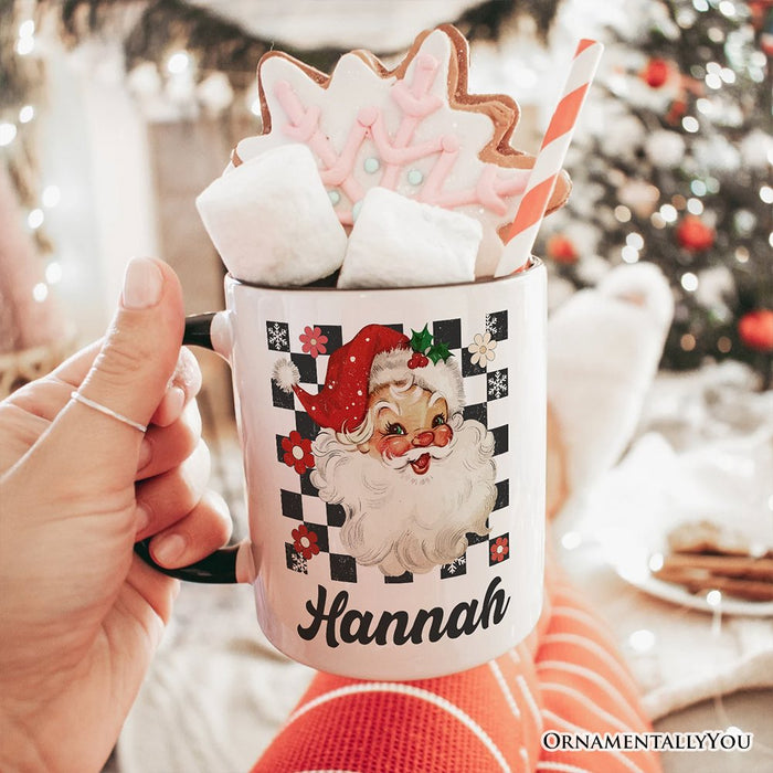 Checkered Santa Claus Vintage Personalized Mug, Retro Merry Christmas Gift with Custom Name Personalized Ceramic Mug OrnamentallyYou