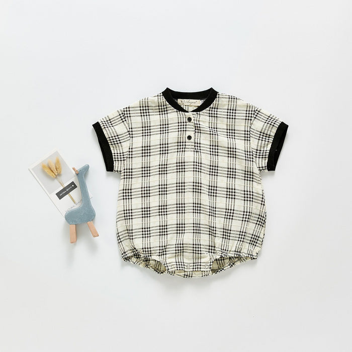 Checks Mandarin Collar Romper - Unisex Yo Baby India 0-6 month Black