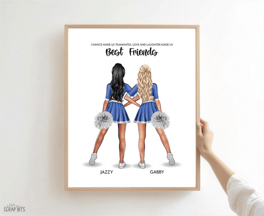 Cheer Besties Portrait Print, Custom Digital Drawing - Hip Poms - Scrap Bits