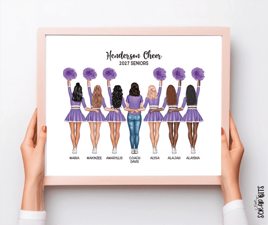 Cheer Team with Coach Portrait Print, Custom Digital Drawing - High Poms - Scrap Bits