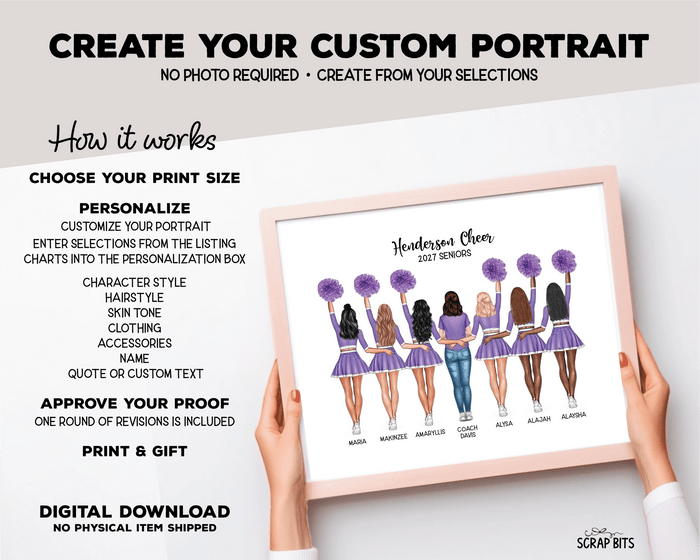 Cheer Team with Coach Portrait Print, Custom Digital Drawing - High Poms - Scrap Bits