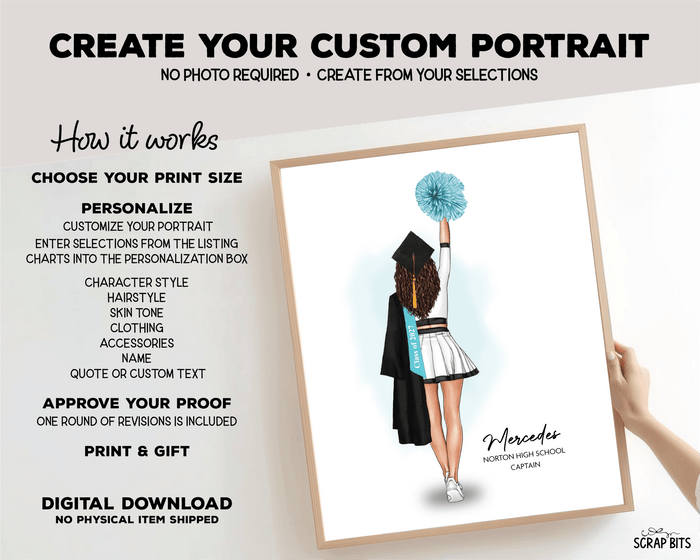 Cheerleader Graduation Portrait Print, Custom Digital Drawing - High Poms - Scrap Bits