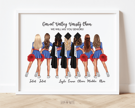 Cheerleader Group Graduation Print, Custom Cheerleading Graduation Gift, Hip Poms . Personalized Digital Portrait Print - Scrap Bits