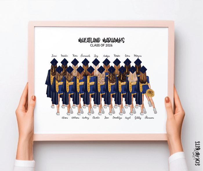 Cheerleader Group Graduation Portrait Print, Custom Cheerleading Seniors Gift, Hip Poms, Digital Download - Scrap Bits