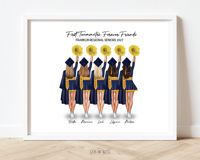 Cheerleading Team Graduation Portrait Print, Custom Digital Drawing - High Poms - Scrap Bits