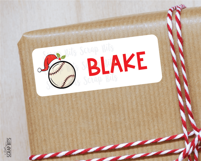 Christmas Baseball Name Labels, Santa Hat, Personalized Gift Stickers - Scrap Bits