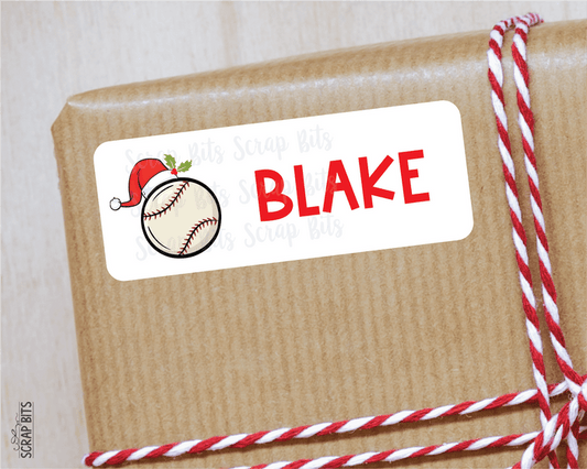 Christmas Baseball Name Labels, Santa Hat, Personalized Gift Stickers - Scrap Bits
