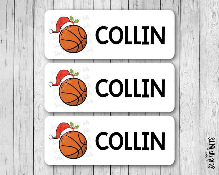 Christmas Basketball Name Labels, Santa Hat, Personalized Gift Stickers - Scrap Bits