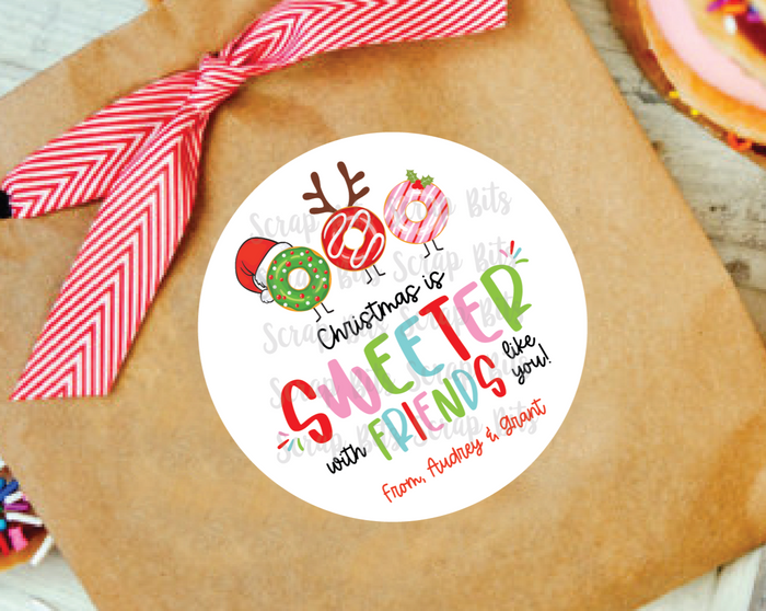 Christmas Donut Stickers, Christmas Is Sweeter With Friends Like You, Personalized Christmas Gift Labels or Tags