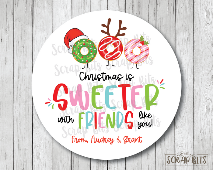 Christmas Donut Stickers, Christmas Is Sweeter With Friends Like You, Personalized Christmas Gift Labels or Tags