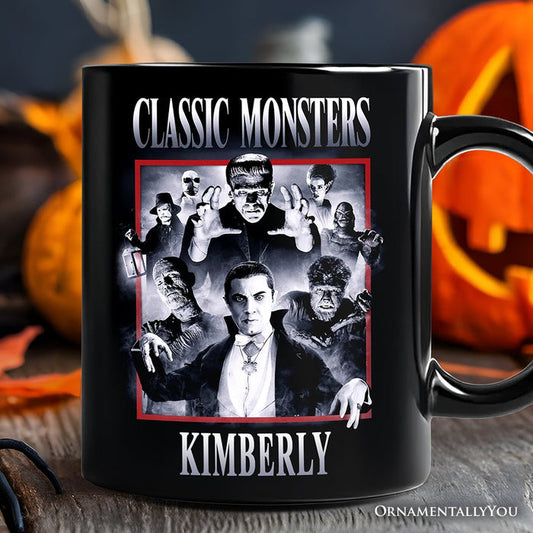 Classic Monsters Black and White Personalized Mug, Retro Vintage Horror Gift with Custom Name Personalized Ceramic Mug OrnamentallyYou Black Customized