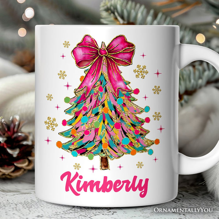 Colorful Glitter Christmas Tree Pink Bow Personalized Mug, Pink Bow Coquette Holiday Gift with Custom Name Personalized Ceramic Mug OrnamentallyYou White - Black Customized