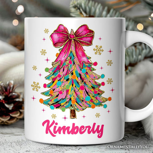 Colorful Glitter Christmas Tree Pink Bow Personalized Mug, Pink Bow Coquette Holiday Gift with Custom Name Personalized Ceramic Mug OrnamentallyYou White - Black Customized