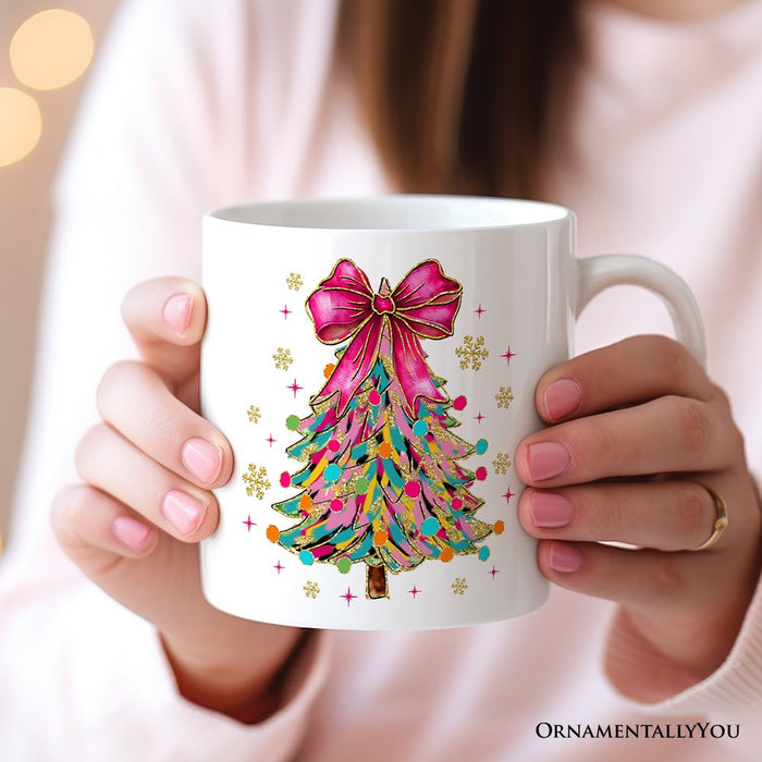 Colorful Glitter Christmas Tree Pink Bow Personalized Mug, Pink Bow Coquette Holiday Gift with Custom Name Personalized Ceramic Mug OrnamentallyYou